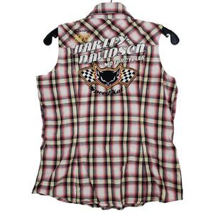 HARLEY DAVIDSON Shirt Womens Medium Tartan Plaid Pearl Snap Biker Sleeveless